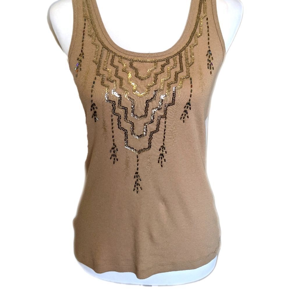 5/$55 Apt 9 tan tank top, beading & sequins, cotton/modal blend, size small